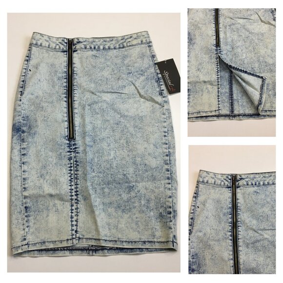 NWT SPECIAL A Bleach Light Wash Asymmetric Zip Pencil Denim Skirt - Picture 1 of 11